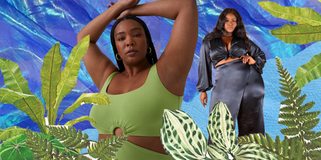 in this collage piece, two fat, Black femmes post behind a foregrond of collaged foliage and in front of a background of shimmering and textured blue colors. The person on the left has her hair in a protective style and is wearing a green top with cut-outs, and posing with her arms above her head. In the background, a femme with long loose hair poses with her hand on her hip, wearing a satiny, black two-piece outfit.