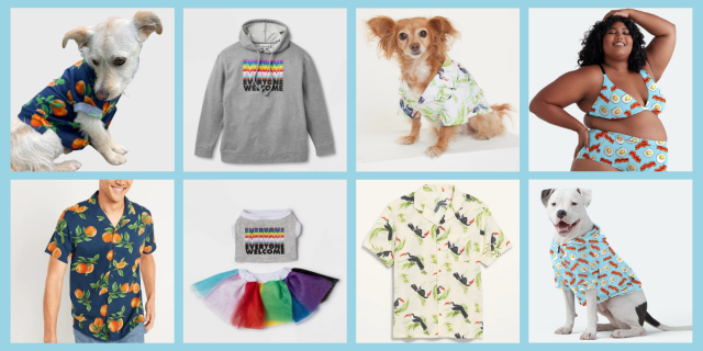 A collage of 8 images. From L-R: A small white dog wearing a dark-blue button up printed with oranges. Below him: A smiling model wearing a button-up in the same print. Next, a grey hoodie printed with the words “Welcome Everyone” in the Progress Pride colors. Below that: A crop top made for dogs and cats in the same print. Next, A small orange dog with ears that look like pigtails wearing a button-up printed with black toucans with red beaks, and green palm fronds. Below him: An adult button-up in the same print. Last: A Black model with loose, shoulder-length curls posing in a triangle bralette and high-waisted undies. Below her: A white dog with one brown ear wearing a hoodie. The undies and hoodie are both printed with eggs and bacon on a light blue background. The collage is framed in light blue.