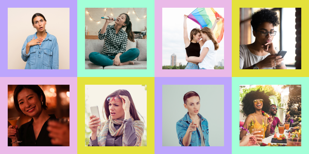 Photo 1: A woman looks confused. Photo 2: A woman sings into a karaoke mic. Photo 3: A couple holds a rainbow flag. Photo 4: A woman looks at her phone. Photo 5: A woman holds a martini. Photo 6: A woman looks at her phone, confused. Photo 7: A woman wags her finger. Photo 8: A group of friends are out to brunch.
