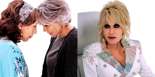 Left: Grace and Frankie gaze at each other adoringly. Right: Dolly Parton in a white and rainbow suit
