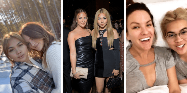 trio of pics of Hayley Kiyoko and her girlfriend Becca Tilley: outside in the snow, at an event, and cuddling in bed