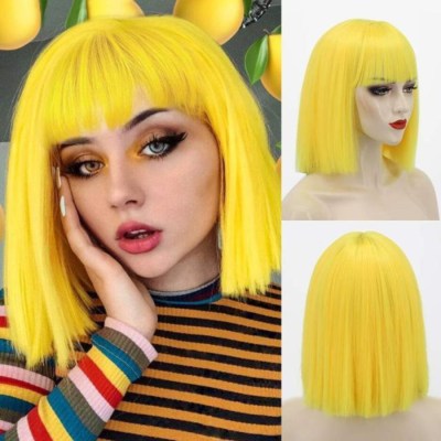 A look at the yellow bob wig with bangs. the yellow is extremely bright.