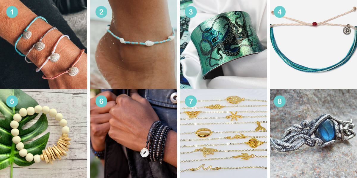Photo 1: A simple friendship bracelet with a single seashell on it. Photo 2: A beaded anklet with seashells on it. Photo 3: A large wrist cuff with an octopus on it. Photo 4: A Pura Vida rope bracelet in shades of blue. Photo 5: A large off-white wooden bead bracelet. Photo 6: A beaded wrap bracelet in brown. Photo 7: Various gold chain bracelets with nautical charms on them. Photo 8: A large cuff bracelet shaped like tentacles with a large gemstone in the middle.