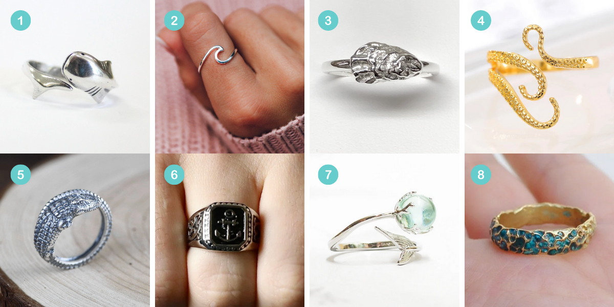 Photo 1: A silver ring shaped like a hammerhead shark. Photo 2: A silver ring shaped like a wave. Photo 3: A silver ring shaped like an oyster. Photo 4: A gold ring shaped like tentacles. Photo 5: A silver ring shaped like a crocodile. Photo 6: A chunky silver ring shaped like an anchor. Photo 7: A silver ring shaped like a mermaid tail with a large gemstone. Photo 8: A gold ring band with blue gems.