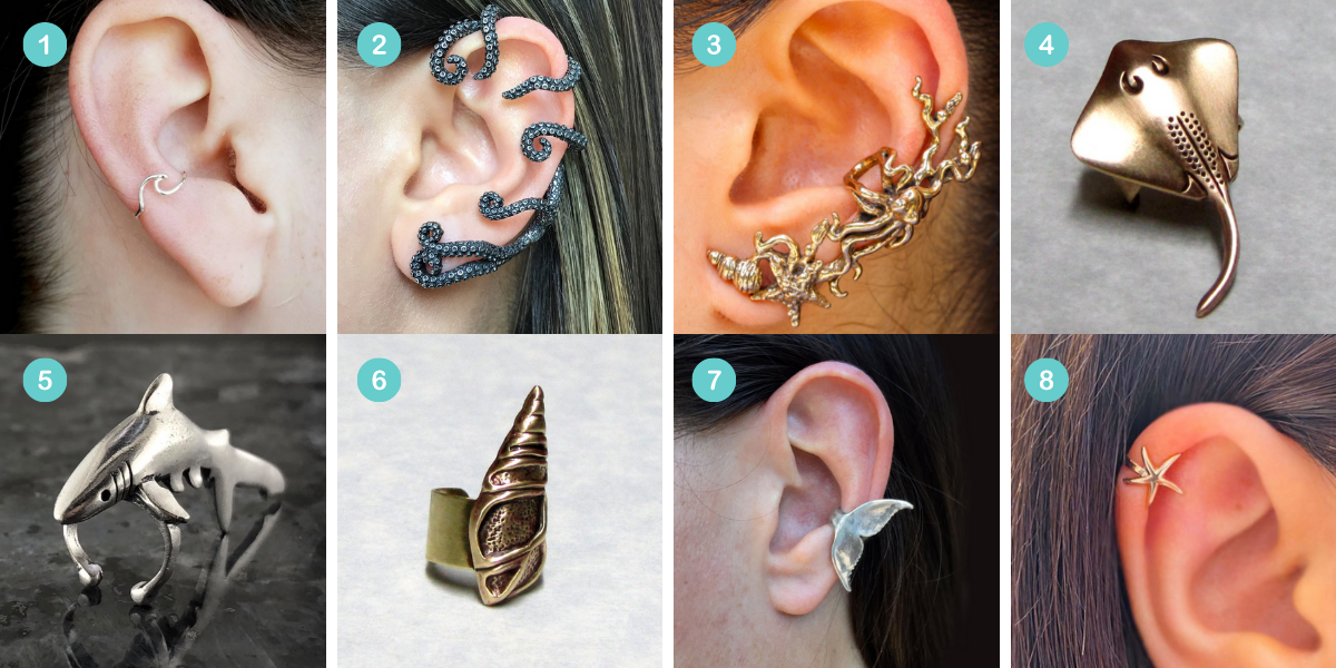 Photo 1: A silver ear cuff shaped like a wave. Photo 2: A gunmetal colored ear cuff shaped like tentacles. Photo 3: A gold ear cuff shaped like marine life. Photo 4: A copper ear cuff shaped like a stingray. Photo 5: A silver ear cuff shaped like a shark. Photo 6: A copper ear cuff shaped like a seashell. Photo 7: A silver ear cuff shaped like a whale tail. Photo 8: A gold ear cuff shaped like a starfish.