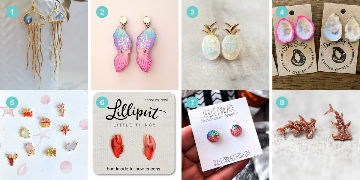 Photo 1: Dangly jellyfish earrings. Photo 2: Dangly colorful cuttlefish earrings. Photo 3: Pineapple shaped opal stud earrings. Photo 4: Oyster shell shaped earrings. Photo 5: Assorted marine life stud earrings, including a crab, a lobster, a jellyfish, a starfish, a seahorse, and a fish. Photo 6: Stud earrings shaped like lobster claws. Photo 7: Stud earrings shaped like mermaid scales. Photo 8: Sparkly earrings shaped like hammerhead sharks.