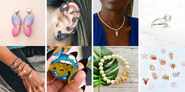 Photo 1: Dangly colorful earrings shaped like cuttlefish. Photo 2: A gunmetal colored ear cuff shaped like tentacles. Photo 3: A pearl necklace with a fish pendant. Photo 4: A silver open ring with a mermaid tail and a large gemstone. Photo 5: Five simple friendship bracelets with seashells on them. Photo 6: An enamel pin shaped like a mouth with blue lipstick with tentacles emerging from the teeth. Photo 7: A chunky beaded off-white bracelet. Photo 8: Assorted stud earrings shaped like marine life, including a lobster, a crab, a starfish, a jellyfish, and a fish.