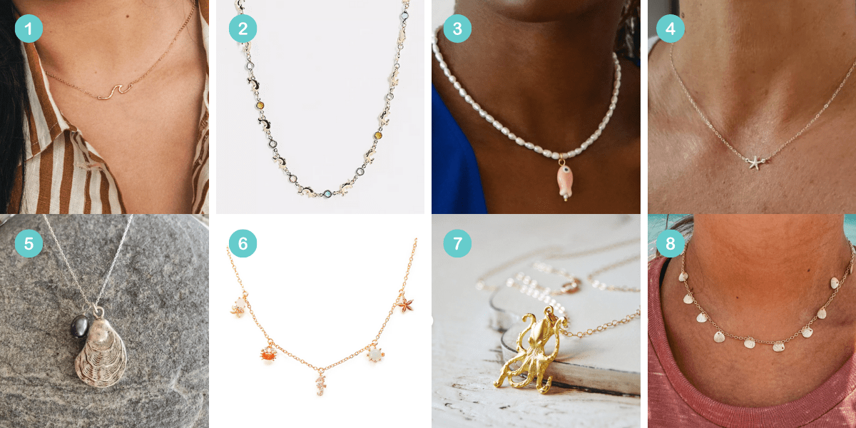 Photo 1: A simple wave chain necklace. Photo 2: A dolphin charm necklace. Photo 3: A pearl necklace with a fish pendant. Photo 4: A simple starfish chain necklace. Photo 5: A necklace with an oyster and pearl pendant. Photo 6: A nautical charm necklace. Photo 7: A gold chain necklace with an octopus pendant. Photo 8: A seashell choker.