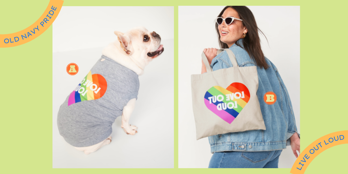 A collage of two images. Photo A is a white bulldog wearing a grey t-shirt that is printed with a heart in rainbow stripes. The heart says LIVE OUT LOUD. Photo B is a model with light skin, long brown hair, and freckles, wearing double denim and carrying a tan tote bag that is printed with the same heart.
