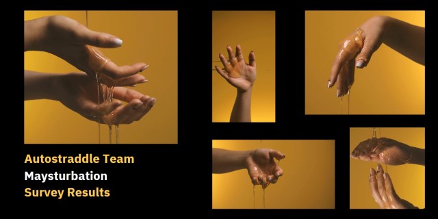 Five panels depicting a woman's hands covered in honey are arranged in different sizes in front of a black background. Text reads Autostraddle Team Maysturbation Survey Results