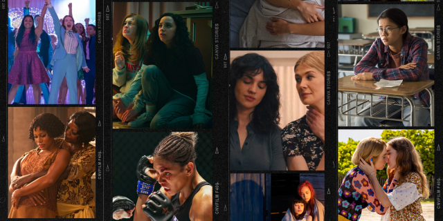 lesbian movies on netflix — a collage of Netflix films: The Prom, Ma Rainey's Black Bottom, Fear Street, Bruised, I care A Lot, Ride or Die, The Half of It and Do Revenge