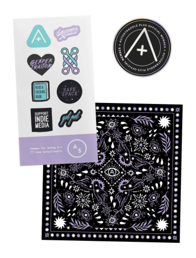 an image showing the silver level sticker pack, A+ member official holographic sticker, and A+ bandanna which features a gay lavender and white design featuring hands, roses, and eyes on top of a black bandanna