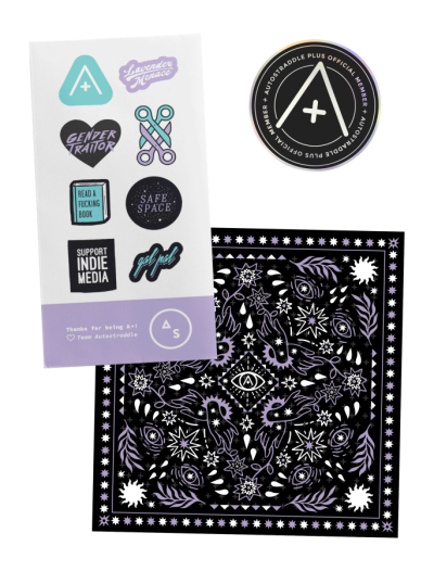 an image showing the silver level sticker pack, A+ member official holographic sticker, and A+ bandanna which features a gay lavender and white design featuring hands, roses, and eyes on top of a black bandanna