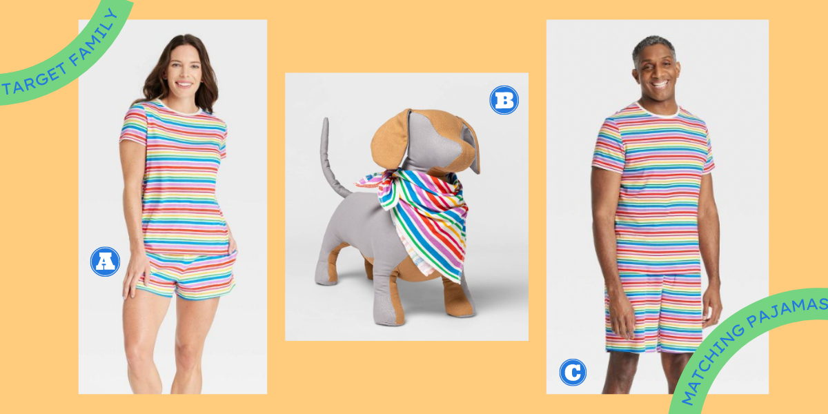 A collage of various products in a cheerful rainbow stripe print. Photo A is a white model with brown hair wearing pajamas that are in the cut of shorts and a t-shirt. Photo B is a stuffed dog wearing a bandana. Photo C is a Black model with greying hair wearing the men’s version of the pajamas. 