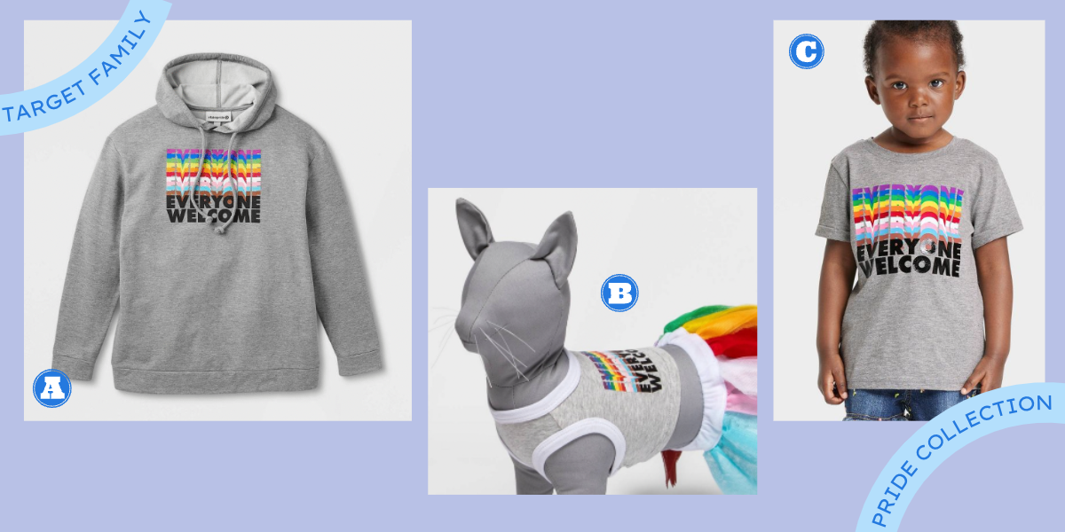 A collage of three images. Photo A is a grey hoodie in an adult size. Photo B is a grey tank top on a dummy shaped like a cat. Photo C is a grey t-shirt on a Black toddler model. All of the shirts are printed with the words “Everyone Welcome” in the progress pride colors.