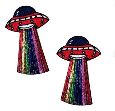 UFO nipple pasties that are woven, with rainbow sequin tractor beams