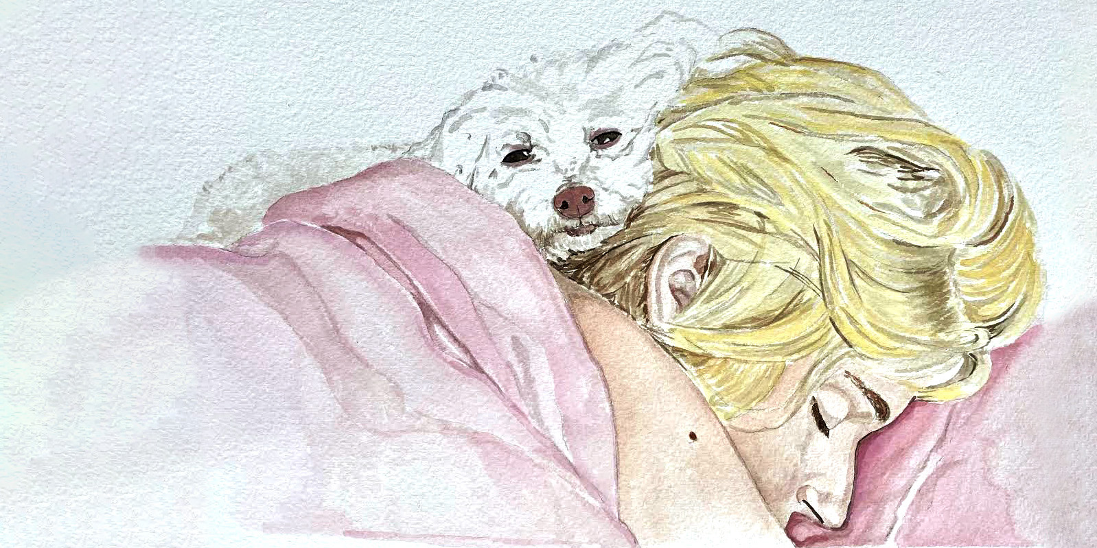 an original watercolor by Wallace May featuring Gabrielle, a blond woman, sleeping with her small white dog Kimberly on top of her
