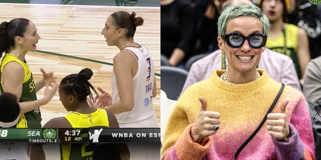Left: Sue Bird and Diana Taurasi mouth off at each other after a jump ball. Right: Megan Rapinoe in a rainbow sweater and huge glasses gives a thumbs up.