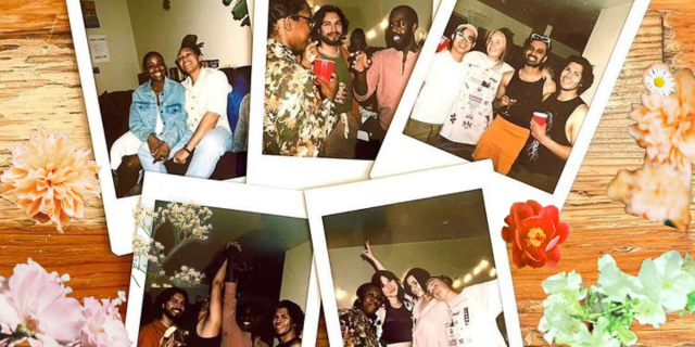 five polaroids featuring groups of queer friends sharing food and joy sit on a wood table; a collage of flowers is superimposed around the photographs