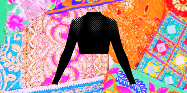A black long sleeved crop top against a background of brightly colored patterned fabrics