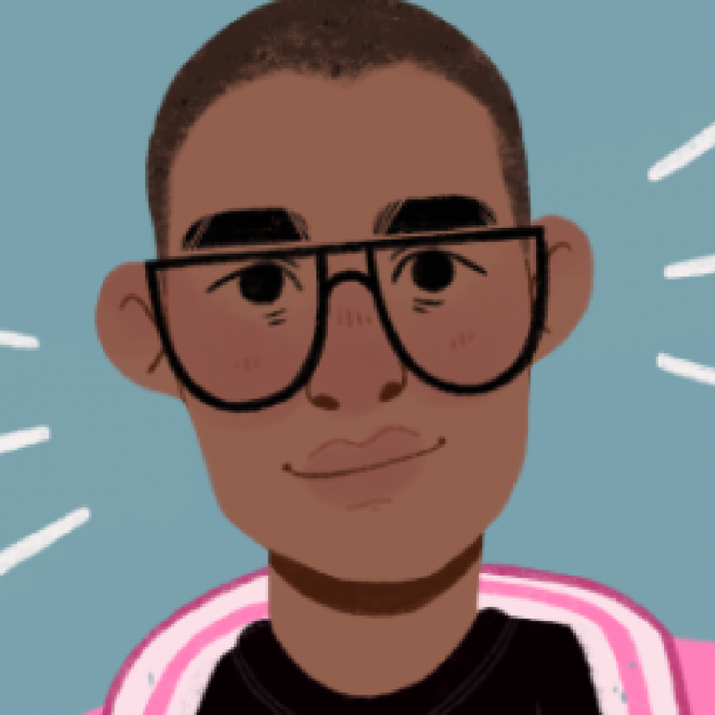 a drawing of A. Tony shows a Black person with a Caesar cut and glasses and a pink and black jersey in front of a teal background