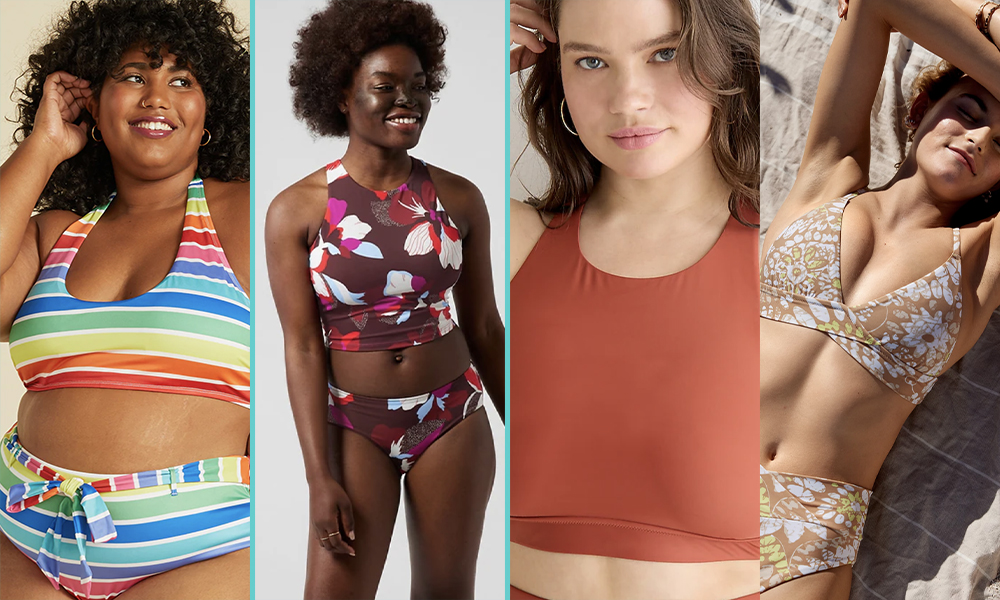 Queer Swimwear 2022: Photo 1: A Black woman wears a rainbow striped bikini. Photo 2: A Black woman wears a pink, white, and maroon floral patterned tankini. Photo 3: A white woman wears a burnt orange compression top. Photo 4: A white woman wears a tan and white floral bikini.