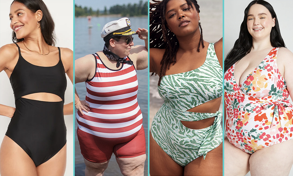 Photo 1: A woman with long brown hair smiles while wearing a black one piece swimsuit with a cutout at the stomach. Photo 2: A white masculine of center person wears a sailor cap and a red and white striped swim tank and red swim shorts. Photo 3: A Black woman wears a green and white patterned asymmetrical one piece swimsuit with cutouts on the side. Photo 4: A white woman with long brown hair wears a floral patterned one piece swimsuit.