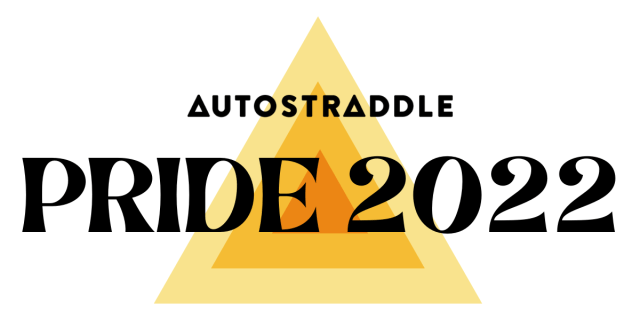 Three orange/yellow squares inside each other. Black text reads: Autostraddle Pride 2022