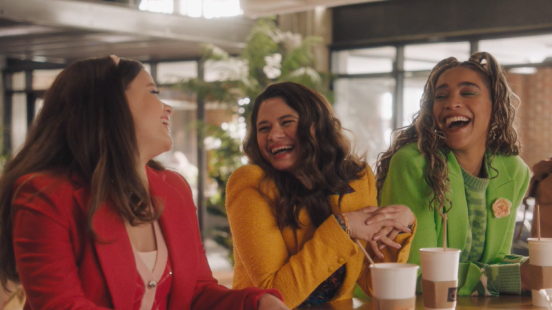Charmed: Kaela Mel and Maggie laugh uproariously in bright blazers