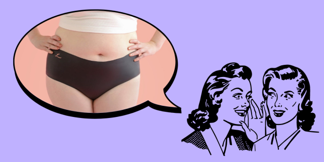 Against a lavender background, on the bottom right corner of the image, there is a black line drawing of two women with 1950s hairstyles whispering to each other. In the upper left corner, there is a speech bubble. Inside the speech bubble, there is an image of a white person in a white crop top wearing black latex underwear against a pink background.