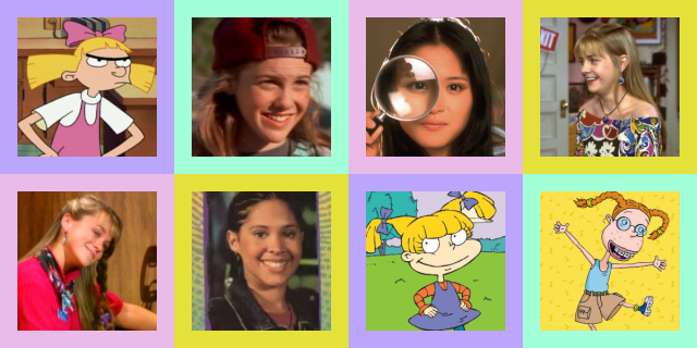 Photo 1: Helga from Hey Arnold. Photo 2: Alex Mack from The Secret World of Alex Mack. Photo 3: Shelby Woo from The Mystery Files of Shelby Woo. Photo 4: Clarissa from Clarissa Explains It All. Photo 5: Melody Hanson from Hey Dude!. Photo 6: Cassie from Animorphs. Photo 7: Angelica Pickles from The Rugrats. Photo 8: Eliza Thornberry from The Wild Thornberries.