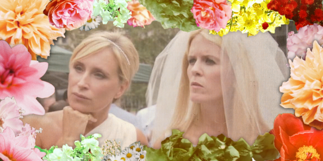 Sonja Morgan, a white blonde woman, and Alex McCord, another white blonde woman, are wearing wedding dresses and looking puzzled.