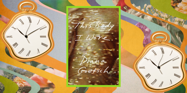 The book cover of This Body I Wore by Diana Goetsch features gold glitter. It's framed by two identical wavy clocks against a background with wavy lines.