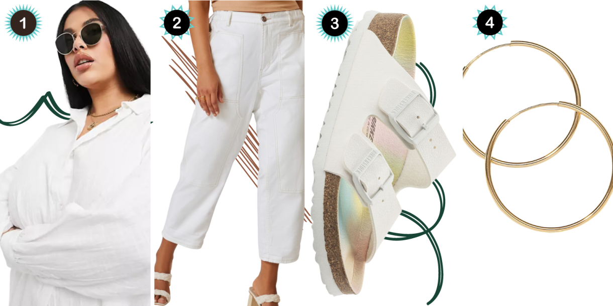 Photo 1: A white buttondown blouse. Photo 2: White ankle pants. Photo 3: A white Birkenstock. Photo 4: Gold hoop earrings.