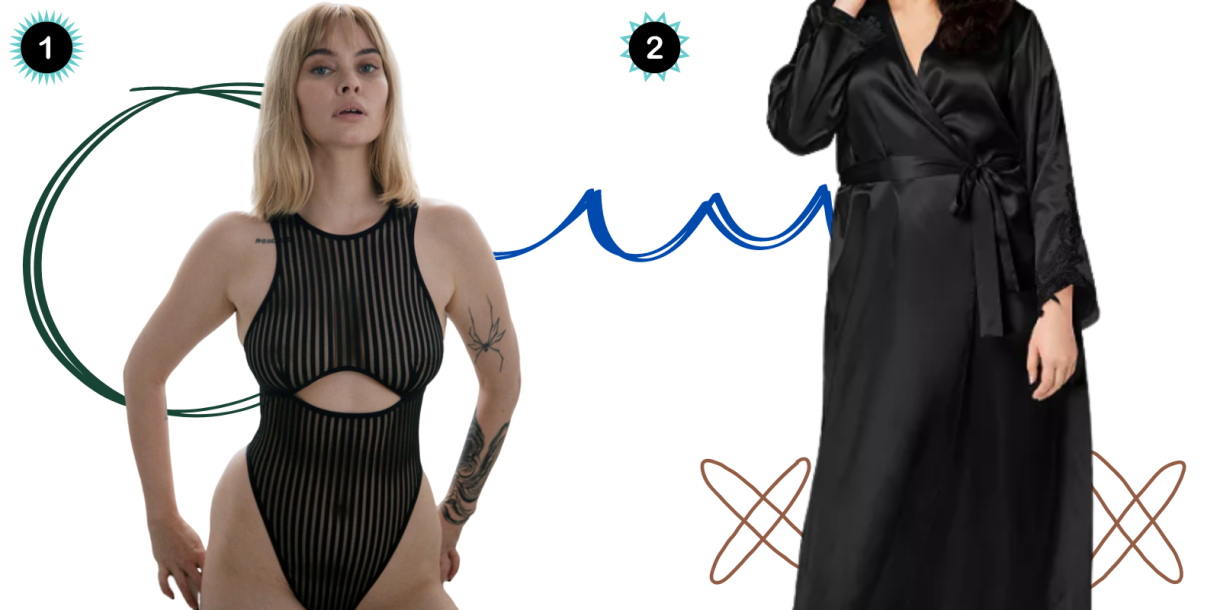 Photo 1: A mesh one-piece bodysuit with a cutout at the stomach. Photo 2: A black satin robe.