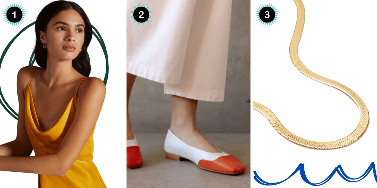 Photo 1: An orange satin slip dress. Photo 2: White and orange flats. Photo 3: A gold chain necklace.