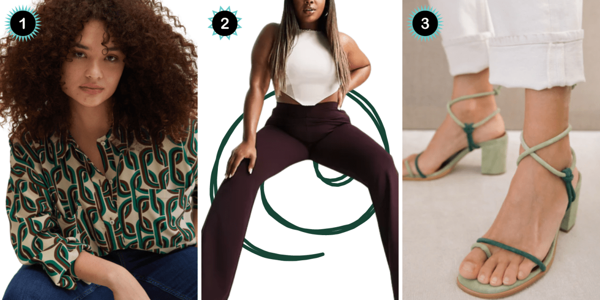 Photo 1: A green, brown, and offwhite chain pattern blouse. Photo 2: A pair of wine colored flare pants. Photo 3: A pair of green strappy heeled sandals.
