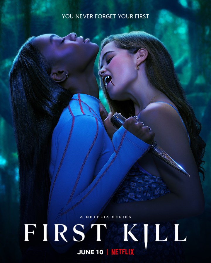 A poster for the show First Kill, the vampire is about to bite one and the other is holding a stake
