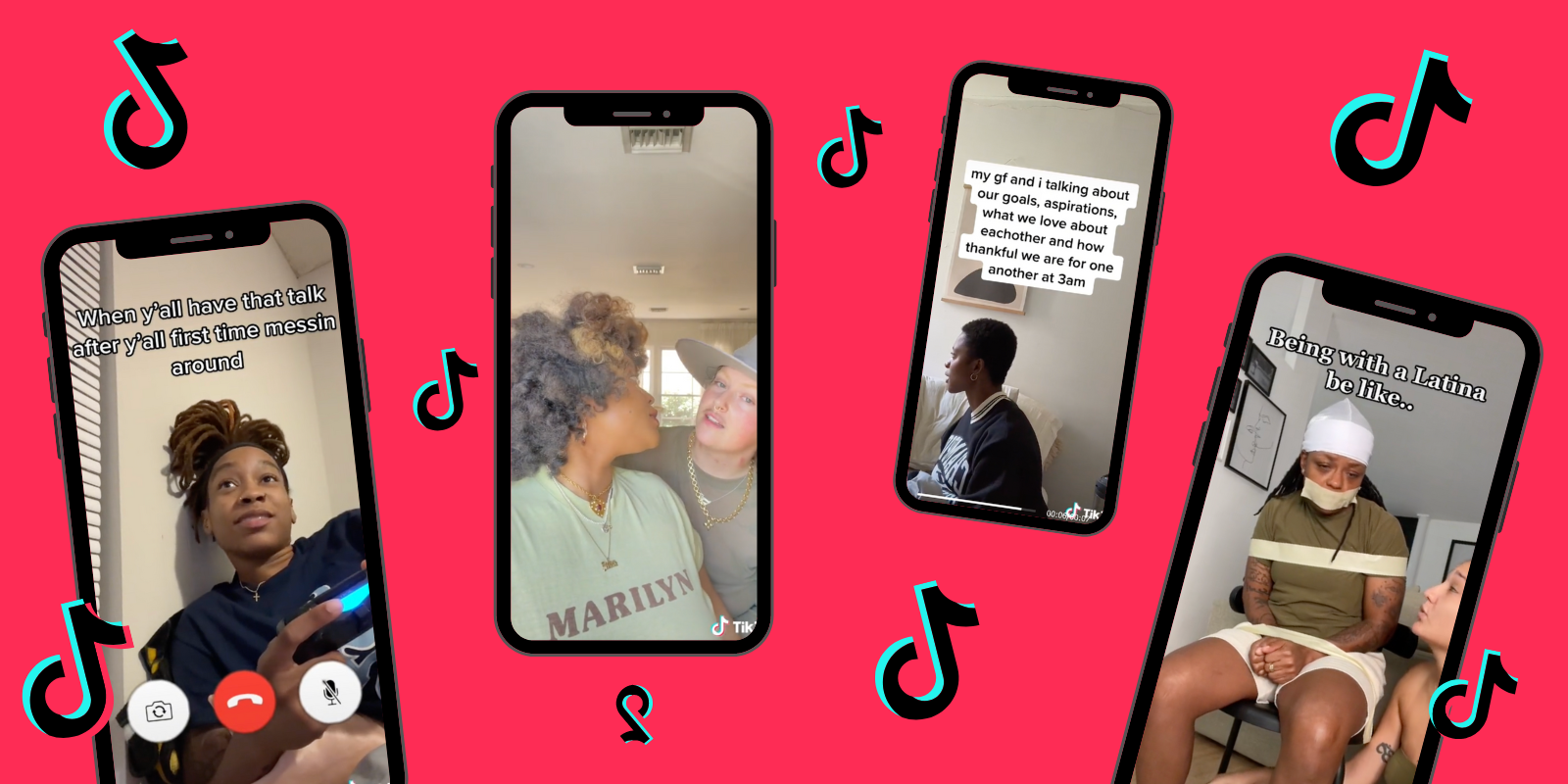 Four phones with screenshots of various TikTokson a light red background, the TikTok logo floats in between them all