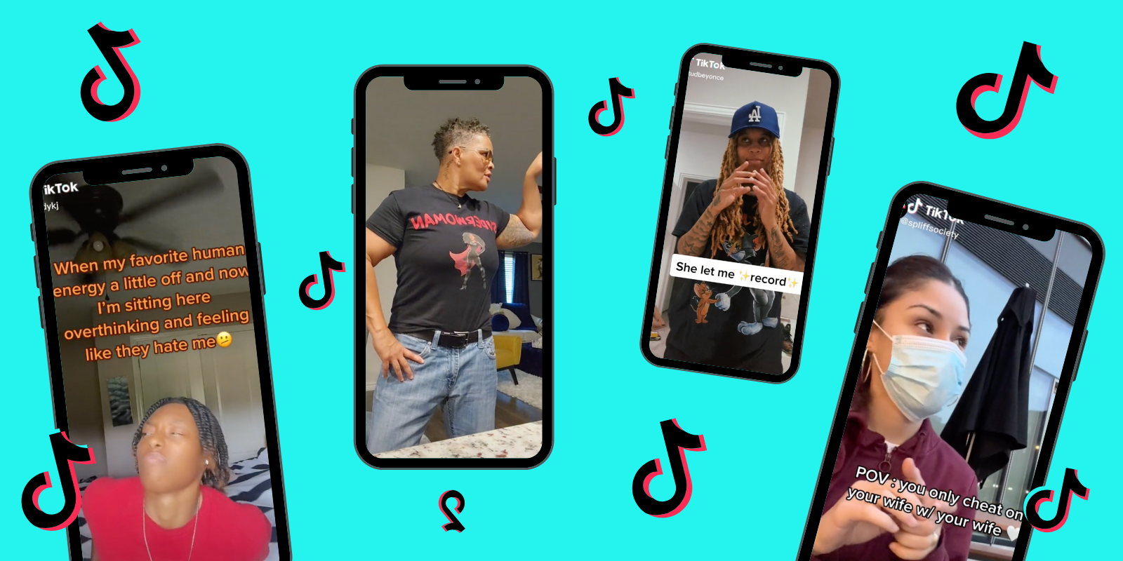 Four phones with screenshots of various TikTokson a light teal background, the TikTok logo floats in between them all