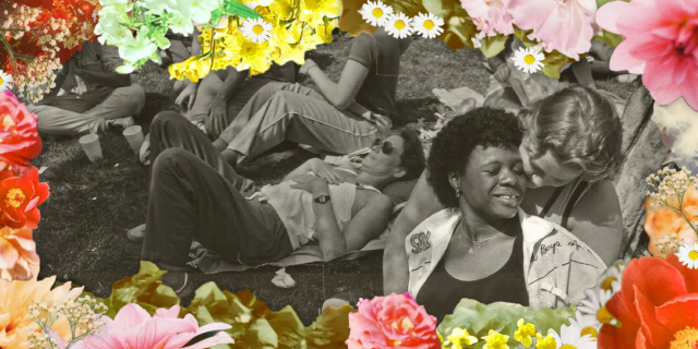 A collage of bright flowers in front of one black and white image: Among a crowd on the grass outside the Civic Center, two women share a smile together, one woman is black and lays across the lap of a woman who is white.