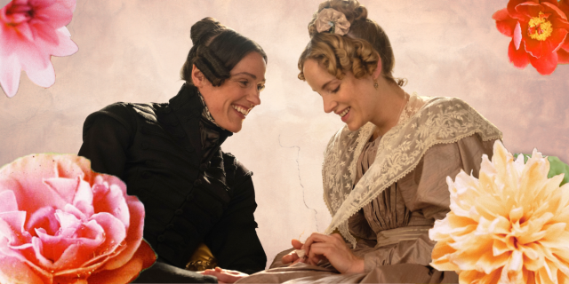 anne lister and ann walker face each other, holding hands, in this feature image where they are surrounded by collaged flowers, and stand out against a parchment paper-esque background