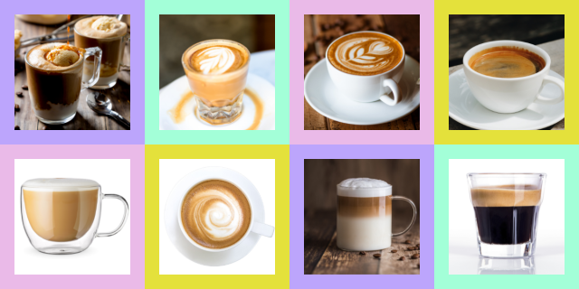 Photo 1: An affogato. Photo 2: A cortado. Photo 3: A latte. Photo 4: An Americano. Photo 5: A flat white. Photo 6: A cappuccino. Photo 7: A macchiato. Photo 8: A shot of espresso.