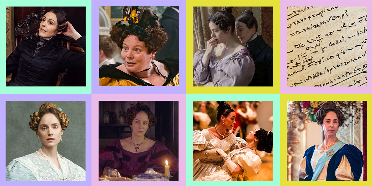 Eight characters from Gentleman Jack: Anne Lister, Ann Walker, Tib Norcliffe, Mariana, Sophie, Queen Maria, and Eliza Raine