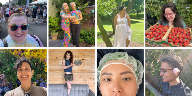 a collage made up of as team members living their best lives this june. this features katie, anya and her mom, carmen, vanessa, tracy, drew, viv, and himani
