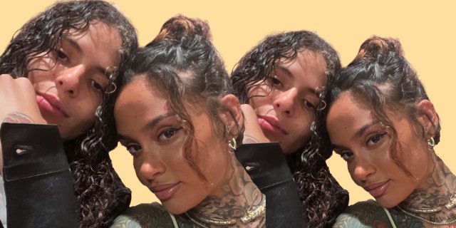 In a collage against a pastel tangerine color, Kehlani and 070 Shake are taking a selfie together (the image is duplicated twice). Kehlani's hair is pulled up, showing off their tattoos. 070 Shake's hair is down, but their hand is holding their chin, showcasing their gold watch.