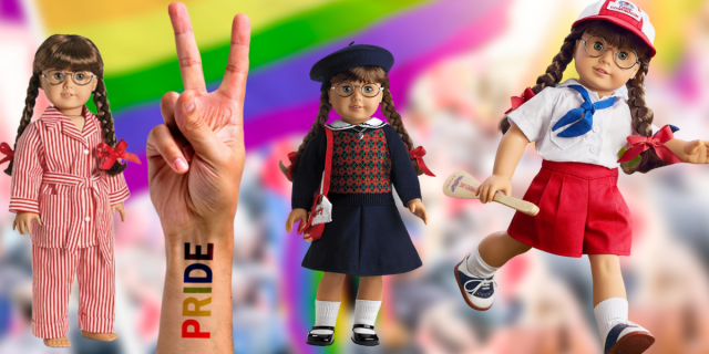 A collage of the American Girl Doll Molly in: pajamas, her original navy blue outfit and red sweater vest, and her softball uniform. She's photoshopped in front of rainbow confetti and a white hand making a peace sign with PRID painted on its wrist.
