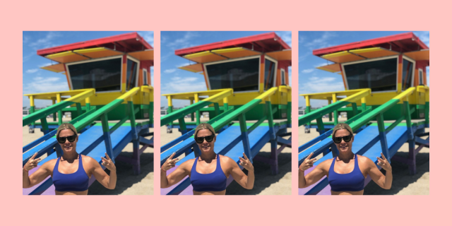 Cat Cora stands in front of a rainbow lifeguard station on a beach wearing a blue sports bra and throwing up peace signs. The image is repeated three times against a pink background