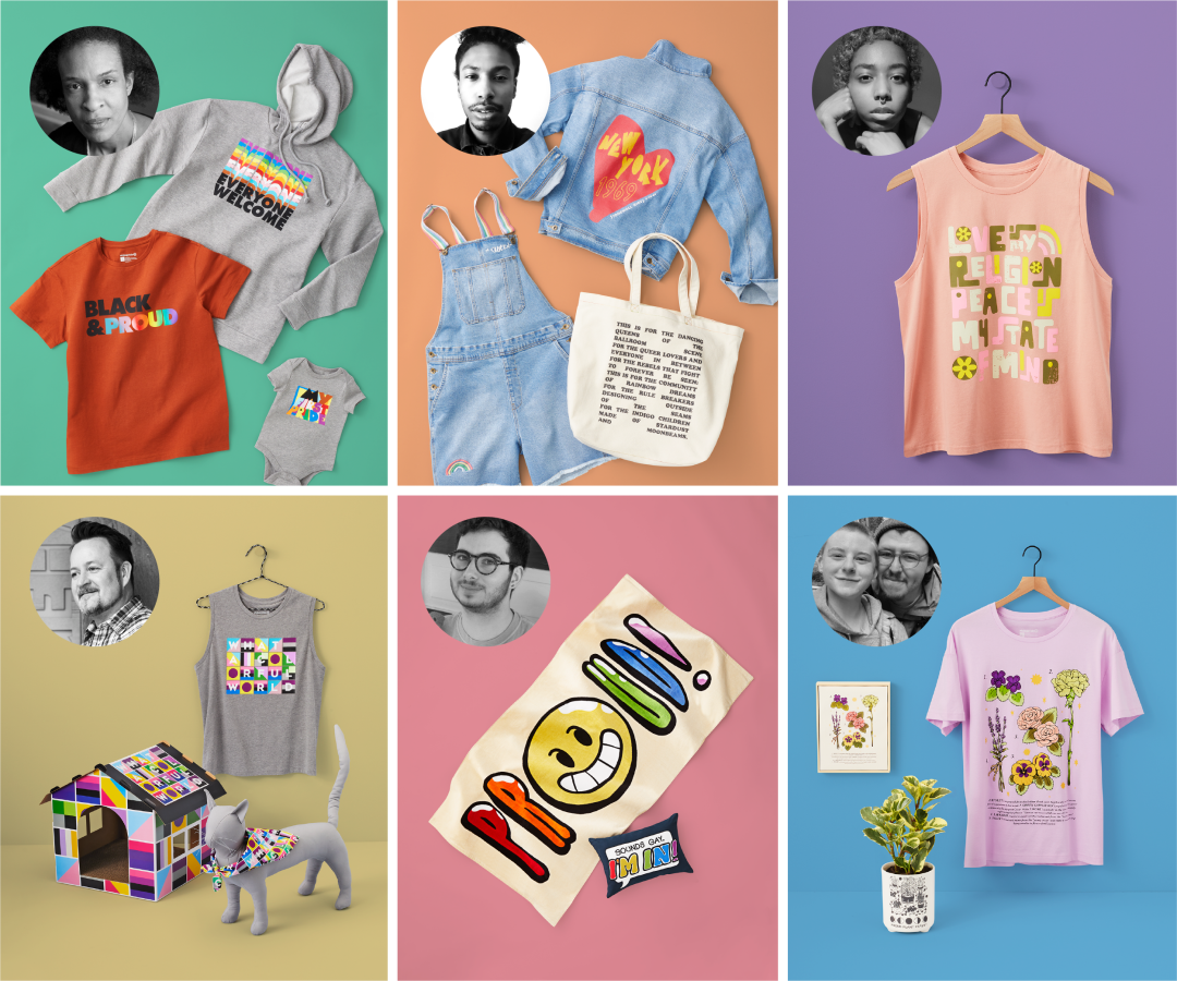 collage of Target designers and their items: (pictured below, clockwise from top left): Alice Butts (she/her/they/them; designing projects centered on community), Jermel “Blu” Moody (he/him/they/them; designer and founder of BlackBoyBe), Robin Lewallen (he/him/they/them; creating playful and inclusive work with all kinds of shapes, colors and genders), Bird & Marc (they/them & he/him; illustrators inspired by nature and the great outdoors), Olly Gibbs (he/him; owner of Curlworks, creating whimsical critter crafts), and Jay Miller (he/him; graphic designer and founder of IMAGEHAUS).