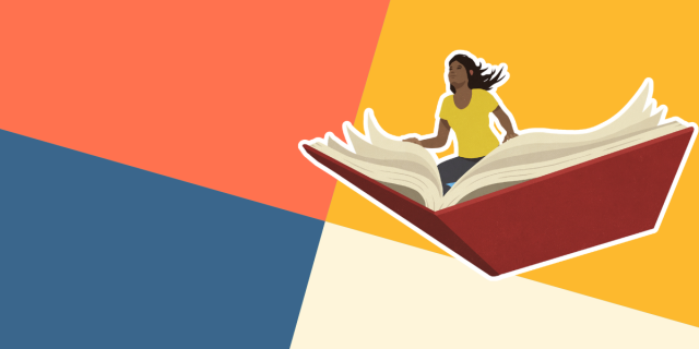 An illustrated woman sails on a large book.